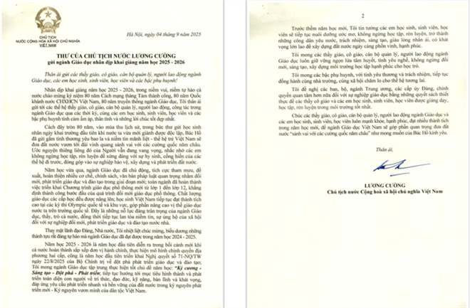 Thư của Chủ tịch nước Lương Cường gửi ngành giáo dục trước thềm năm học mới